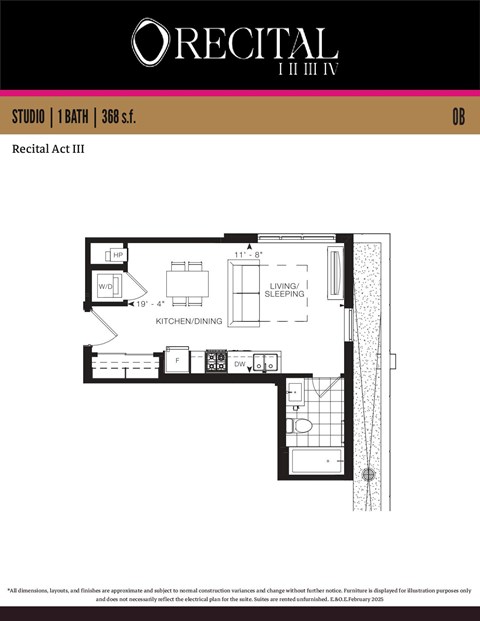 Floor plan for studio, 1 bath, 368 sqft